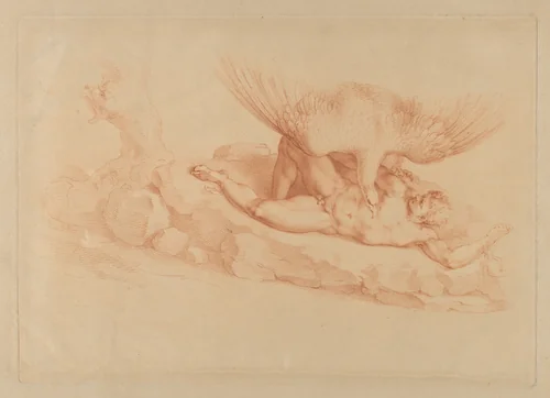 Prometheus, naked, chained to a rock, looking up at an eagle standing over him by Francesco Bartolozzi, print, 1795