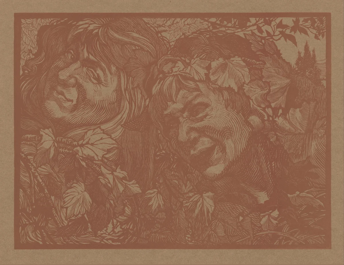 Twee bacchanten omgeven door wingerdbladeren by Johannes Josephus Aarts, print, 1897