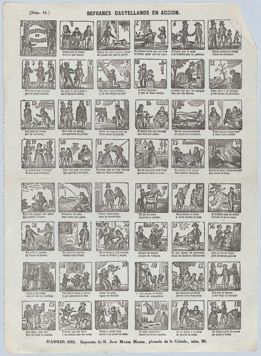 Broadside with 48 scenes depicting Spanish refrains (colloquial sayings) in action by José María Marés, print, 1861