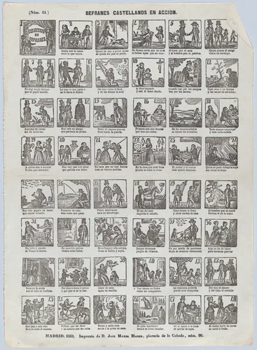 Broadside with 48 scenes depicting Spanish refrains (colloquial sayings) in action by José María Marés, print, 1861