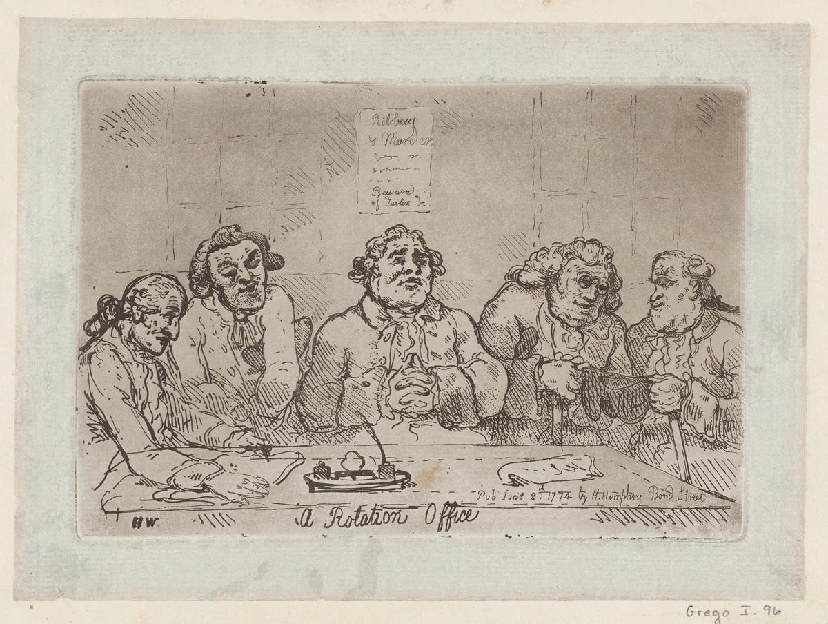 A Rotation Office by Thomas Rowlandson, print, 1774-1779