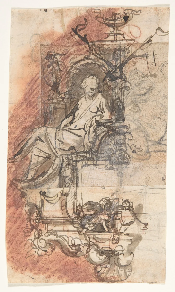 Design for a sepulchral monument with a seated female figure (recto); Design for a statue of a standing male figure and fragment of a letter (verso) by Pieter Verbruggen, drawing, 1686-1724