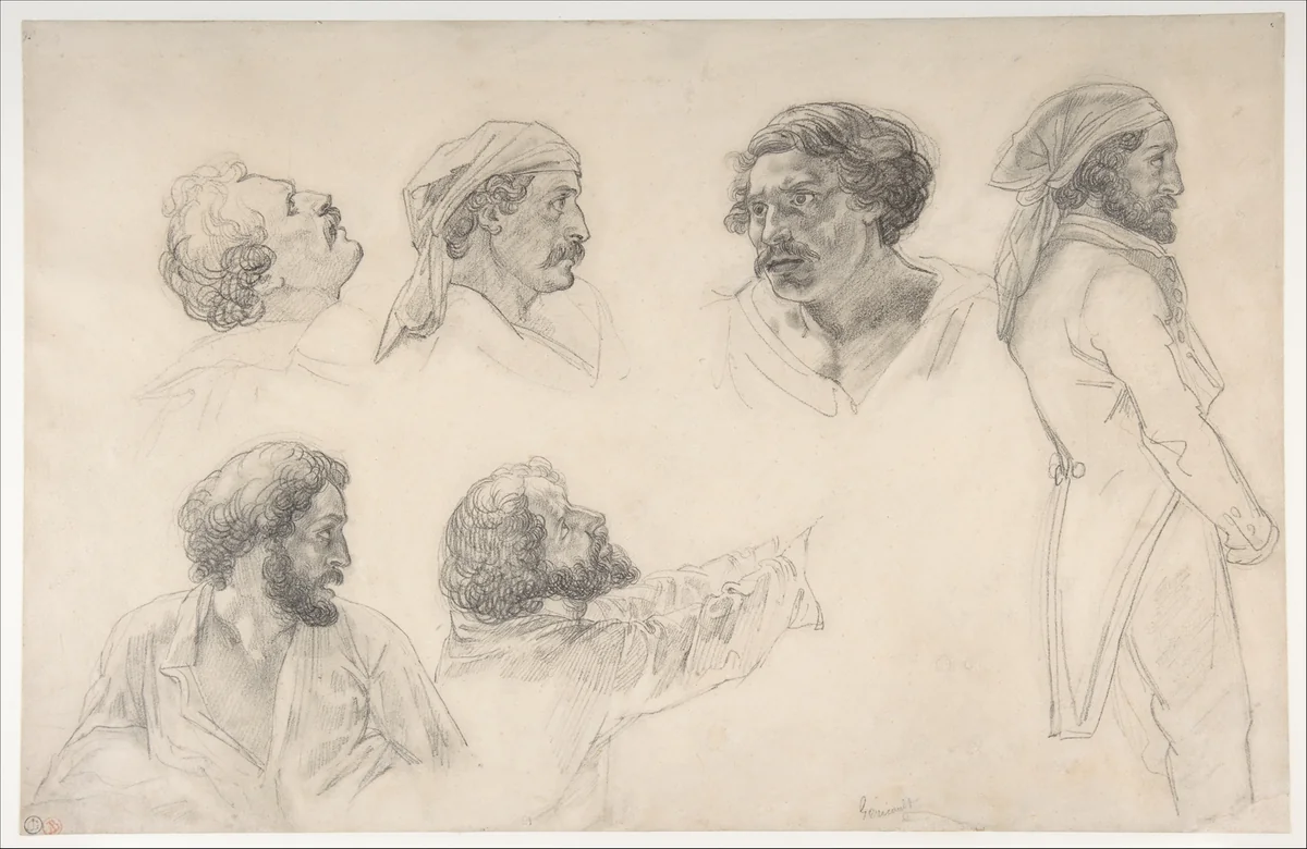 Six studies for Corréard and Savigny in the "Raft of the Medusa" by Théodore Gericault, drawing, 1818-1819