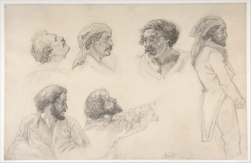 Six studies for Corréard and Savigny in the "Raft of the Medusa" by Théodore Gericault, drawing, 1818-1819