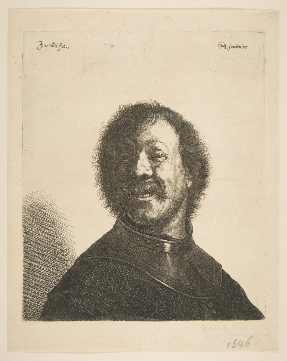 Laughing Man in a Gorget by Jan Georg van Vliet, print, 1620-1640