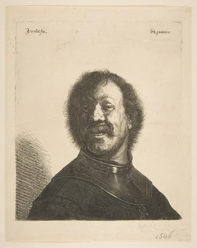 Laughing Man in a Gorget by Jan Georg van Vliet, print, 1620-1640