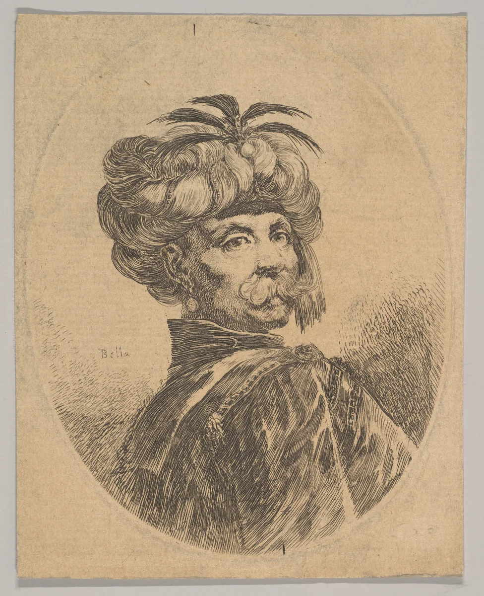 A Turkish man with a moustache, wearing a turban decorated with five egret feathers, turned three-quarters to the right, from "Several heads in the Persian style" (Plusieurs têtes coiffées à la persienne) by Stefano della Bella, print, 1650