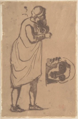 A Bearded Man, Standing, and a Classical Head by Eugène Delacroix, drawing, 1815-1863