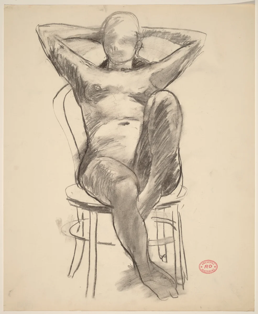 Untitled [female nude with raised arms leaning back in chair] by Richard Diebenkorn, drawing, 1955-1967