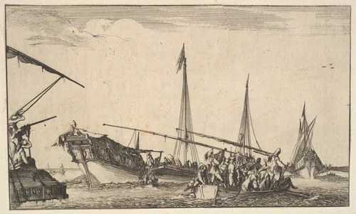 A rowboat full of men at right, a ship with men descending into a rowboat behind to left, two men with a shotgun on a ship to left, another ship to far right in the background, from "Set of eight nautical landscapes" (Suite de huit Marines) by Stefano della Bella, print, 1639