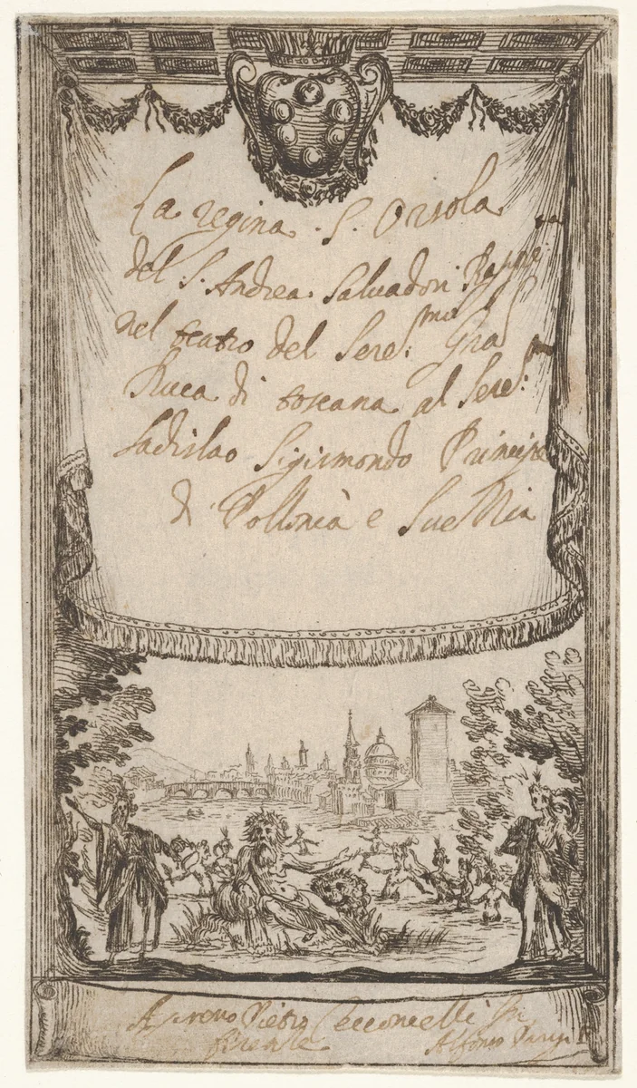 Frontispiece: Queenly St. Ursula (La Regina Sant'Orsola), from a series of prints for the performance of the St. Ursula tragedy by Alfonso Parigi, print, 1640-1656