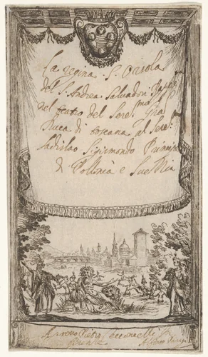 Frontispiece: Queenly St. Ursula (La Regina Sant'Orsola), from a series of prints for the performance of the St. Ursula tragedy by Alfonso Parigi, print, 1640-1656