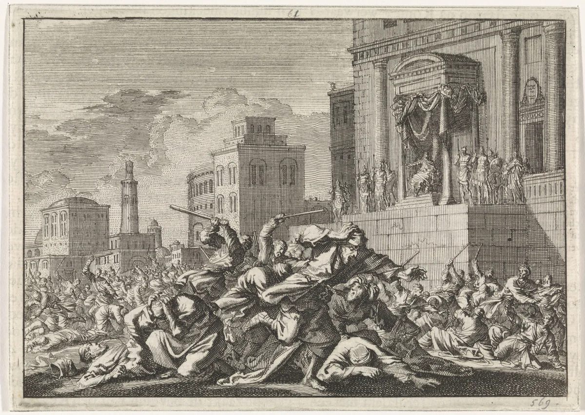 Pilatus laat een Joodse samenscholing uiteen slaan by Jan Luyken, print, 1704