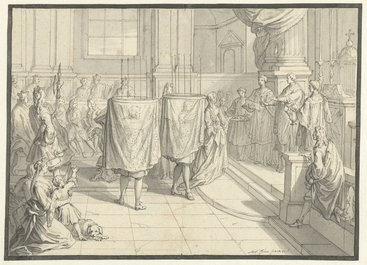 Het ontvangen van het gezegend brood by Antoine Dieu, drawing, 1720-1724