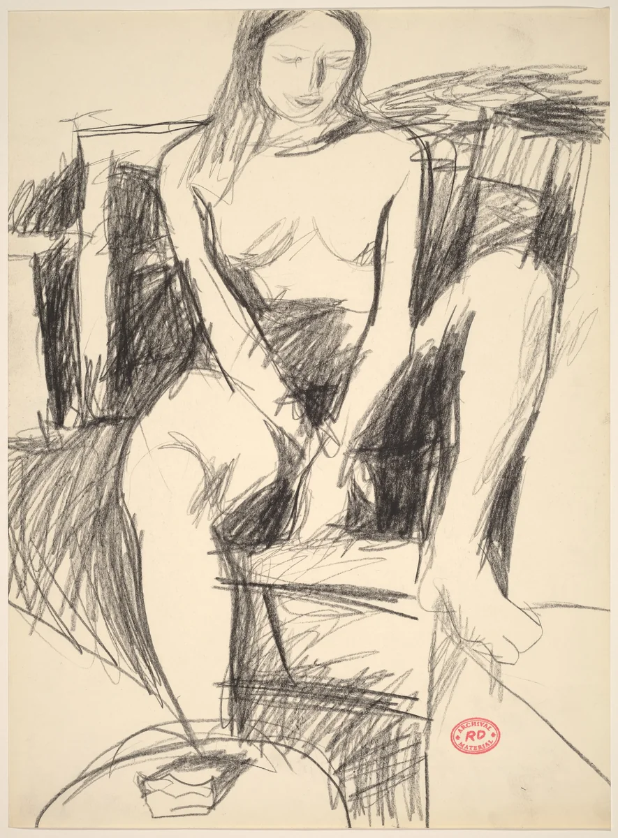 Untitled [seated female nude with left foot resting on stand] by Richard Diebenkorn, drawing, 1955-1967