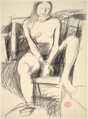 Untitled [seated female nude with left foot resting on stand] by Richard Diebenkorn, drawing, 1955-1967