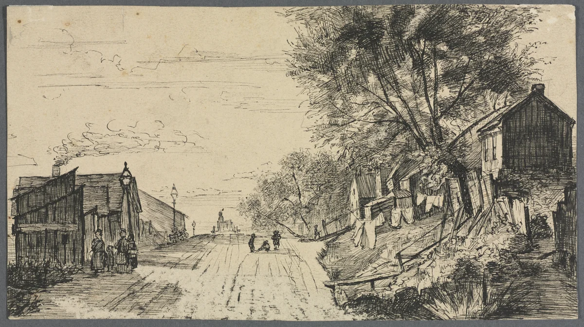 Spring Street, Cleveland by Otto H. Bacher, drawing, 1865-1909