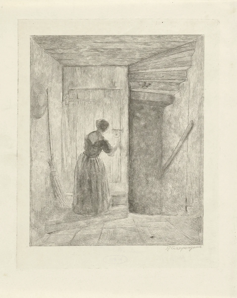Vrouw voor een deur by Reinier Craeyvanger, print, 1822-1880