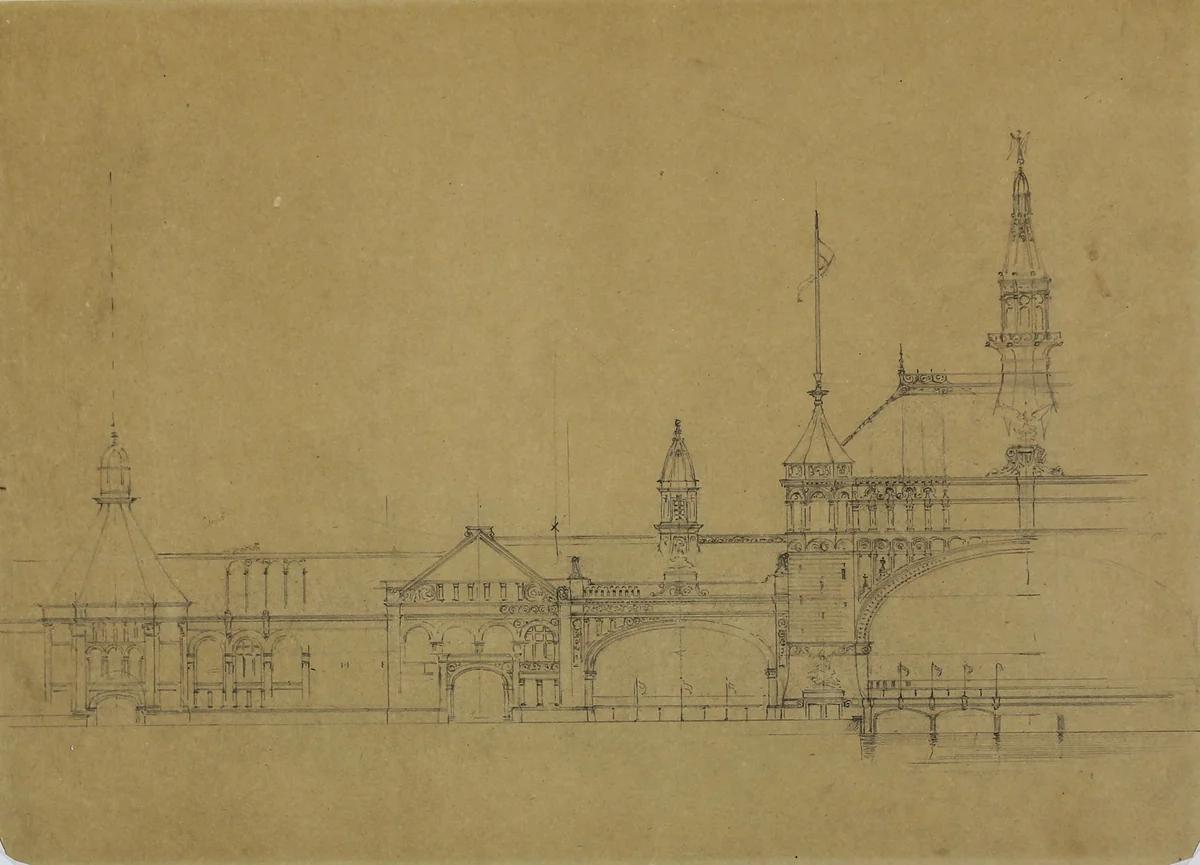 World's Columbian Exposition Buildings, Chicago, Illinois, Elevation Sketch by John Wellborn Root, drawing, 1885-1895