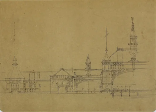 World's Columbian Exposition Buildings, Chicago, Illinois, Elevation Sketch by John Wellborn Root, drawing, 1885-1895