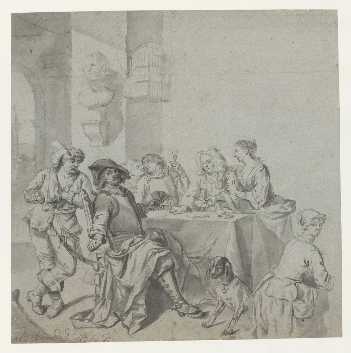 Kaartspelend gezelschap by Balthasar van den Bossche, drawing, 1691-1715