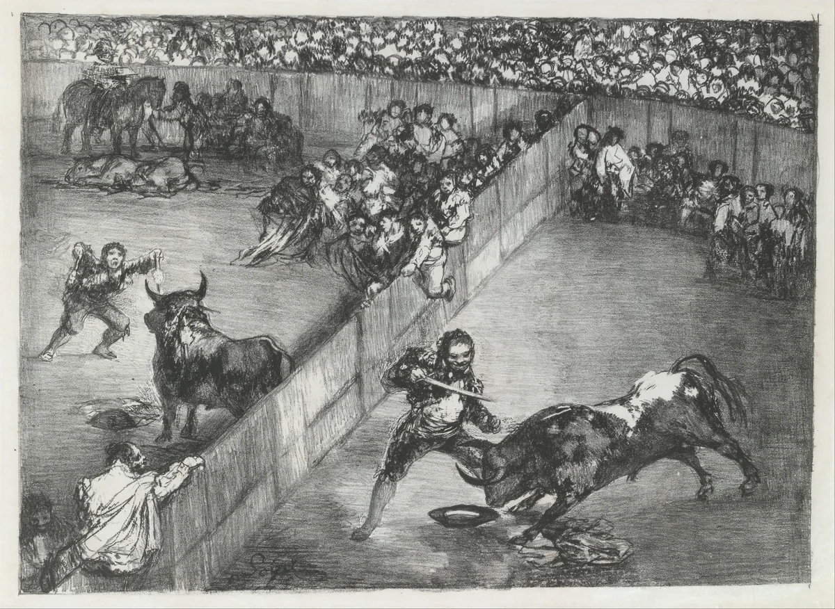 Bullfight in a divided ring, from the 'Bulls of Bordeaux' by Goya, print, 1825