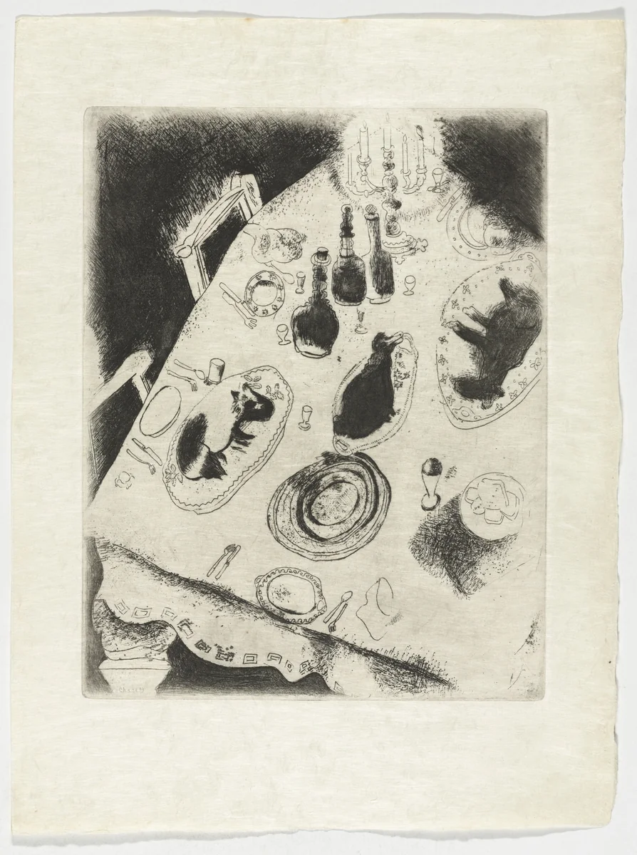The Table Piled with Food (La Table chargée de victuailles), plate XXXV (supplementary suite) from Les Âmes mortes by Marc Chagall, illustrated book, 1923