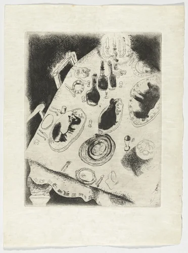 The Table Piled with Food (La Table chargée de victuailles), plate XXXV (supplementary suite) from Les Âmes mortes by Marc Chagall, illustrated book, 1923