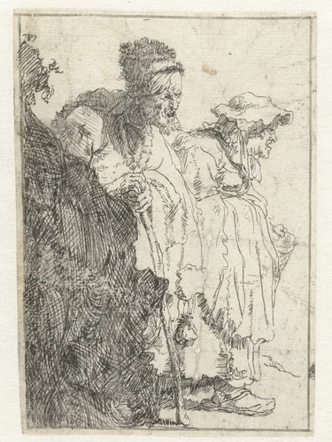 Beggar man and woman behind a bank by anonymous, drawing, 1630