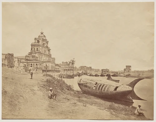 Chutter Manzil Palace, with the King's Boat in the Shape of a Fish by Felice A. Beato, photograph, 1858