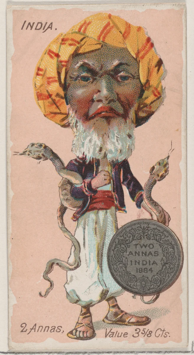 Caricatured Indian, 2 Annas, from the series Coins of All Nations (N72, variation 2) for Duke brand cigarettes by W. Duke, Sons & Co., print, 1889