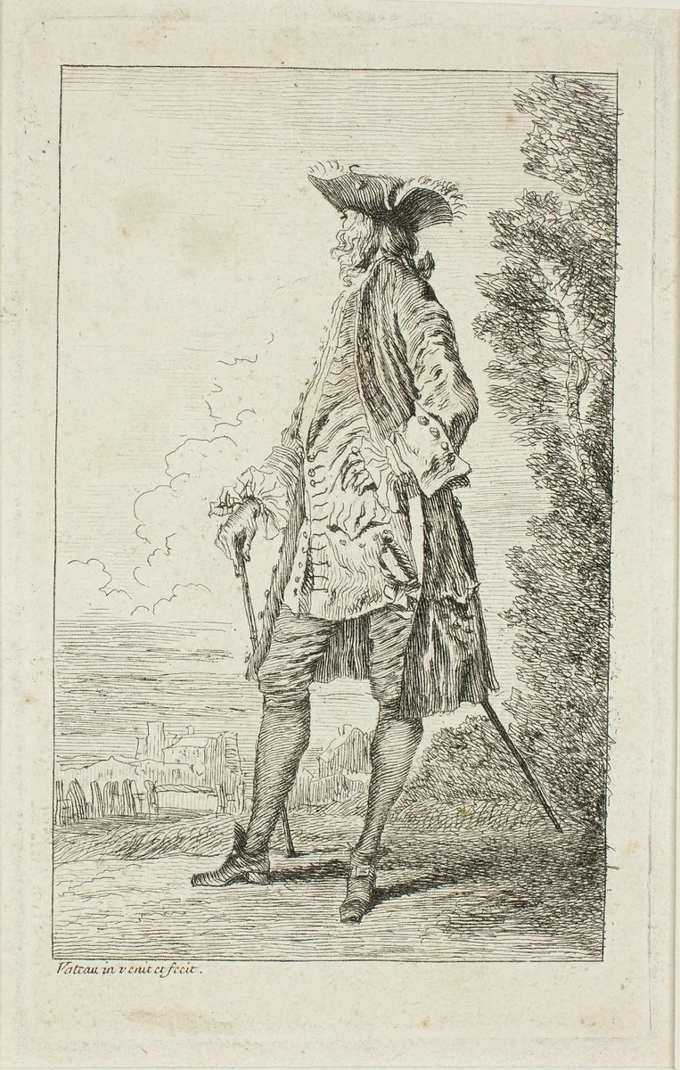 Standing Man with a Hat, Facing Left, from Figures de modes by Jean-Antoine Watteau, print, 1705-1715