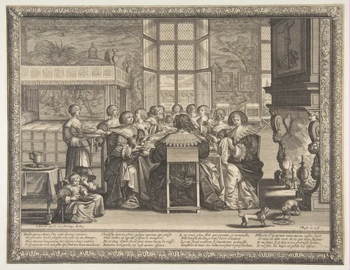 Wives at Table During the Absence of their Husbands by Abraham Bosse, print, 1631-1641