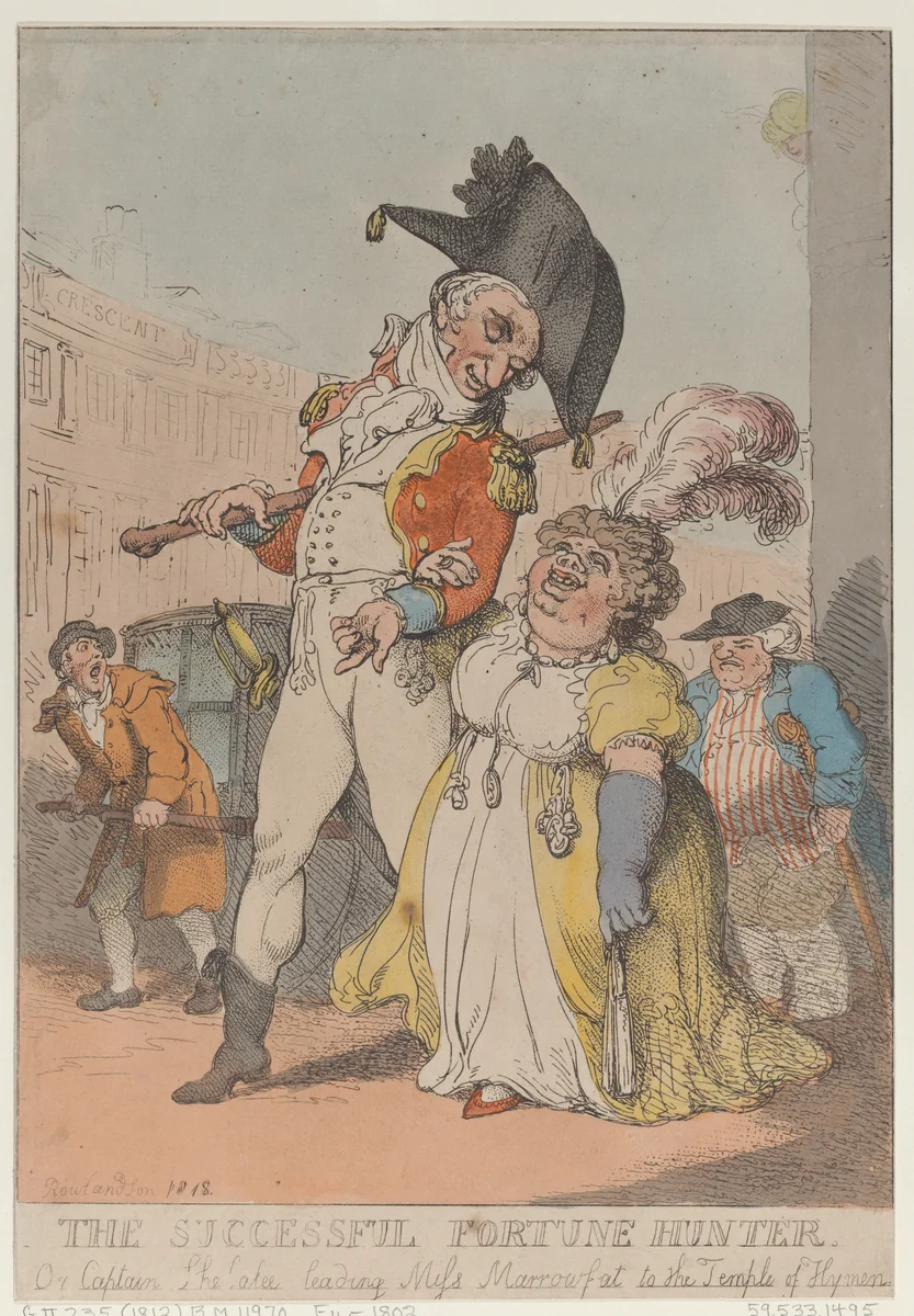 The Successful Fortune Hunter, or Captain Shelalee Leading Miss Marrowfat to the Temple of Hymen by Thomas Rowlandson, print, 1802-1818