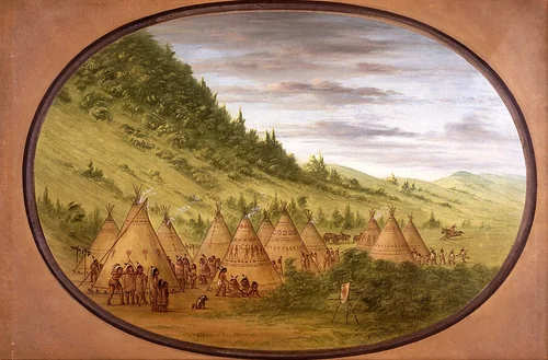 An Ojibbeway Village of Skin Tents by George Catlin, painting, 1861-1869