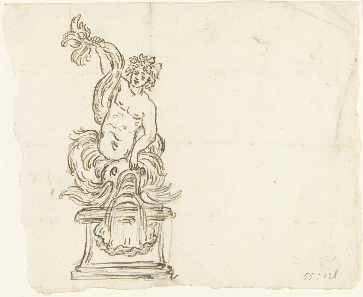 Tuinsculptuur met een zeegod die een dolfijn ophoudt by anonymous, drawing, 1500-1699