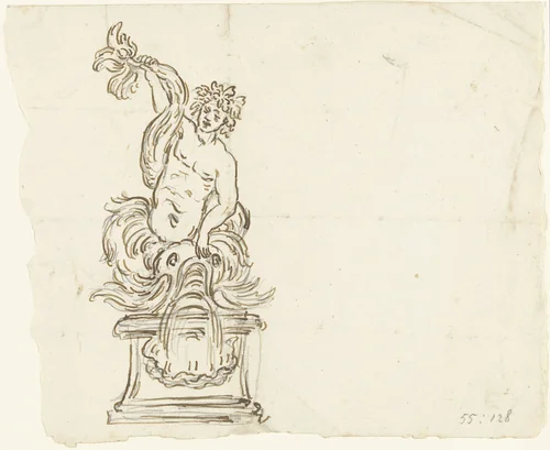 Tuinsculptuur met een zeegod die een dolfijn ophoudt by anonymous, drawing, 1500-1699