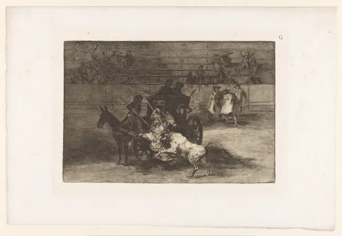 Mannen vallen een stier aan vanaf een rijtuig by Francisco de Goya, print, 1876