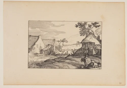 Farmyard Young Man and Woman in Foreground, from Landscapes (Verscheyden aerdige Lanthuysen...) by Claes Jansz Visscher, print, 1620