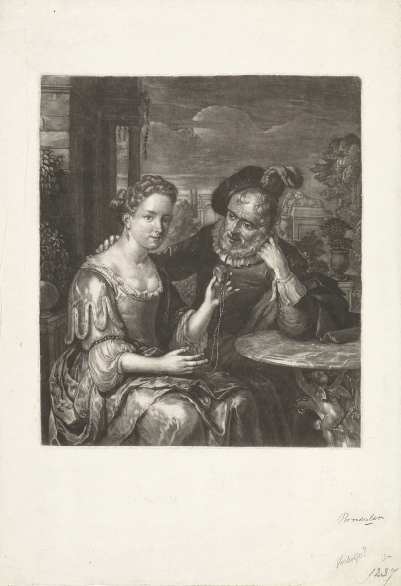 Jonge vrouw en oude man by Jan Broedelet, print, 1670-1700