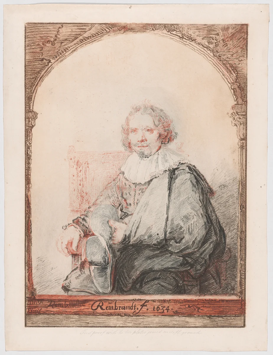 Portrait of a Man in an Armchair, from Collection d'imitations de Dessins d'après les Principaux Maîtres Hollandais et Flamands by Rembrandt van Rijn, print, 1826