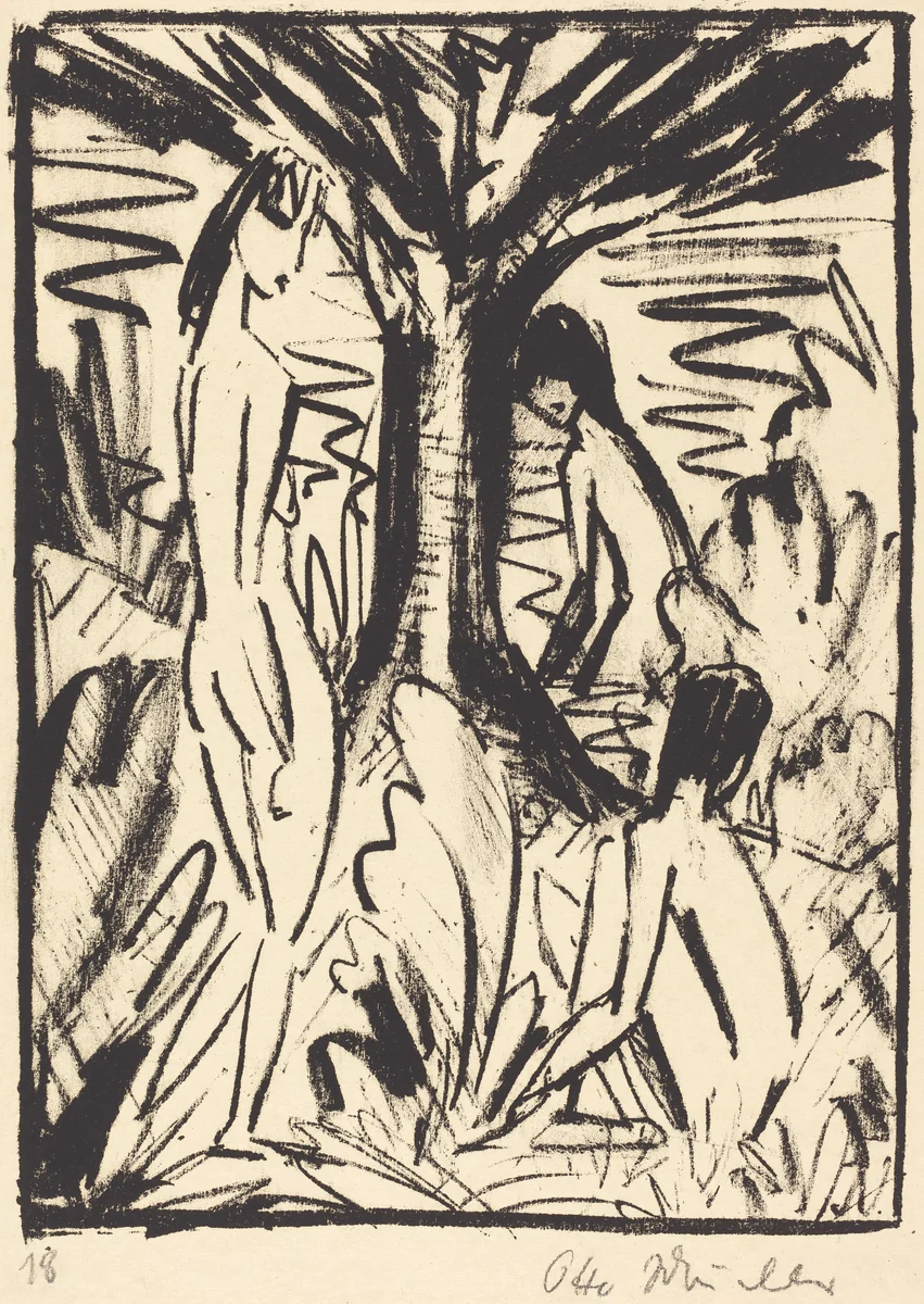 Standing, Sitting, and Bathing Girls near a Tree (Stehende, sitzendes und badendes Madchen am Baum) by Otto Mueller, print, 1920-1921