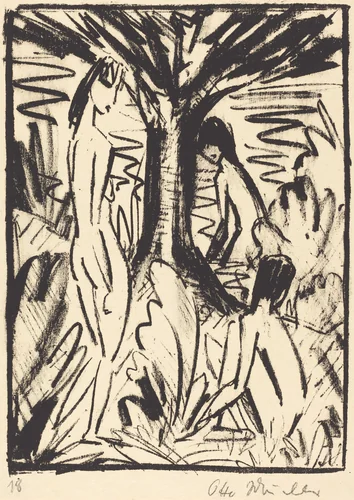 Standing, Sitting, and Bathing Girls near a Tree (Stehende, sitzendes und badendes Madchen am Baum) by Otto Mueller, print, 1920-1921