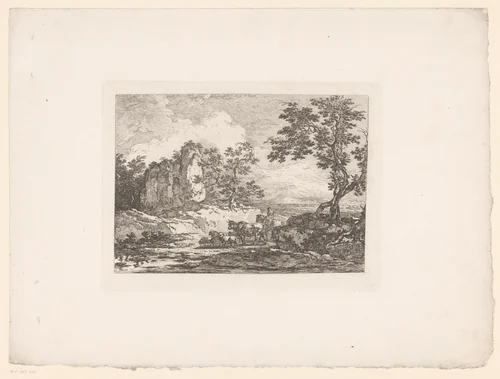 Landschap met ruïne en vee by anonymous, print, 1793-1832