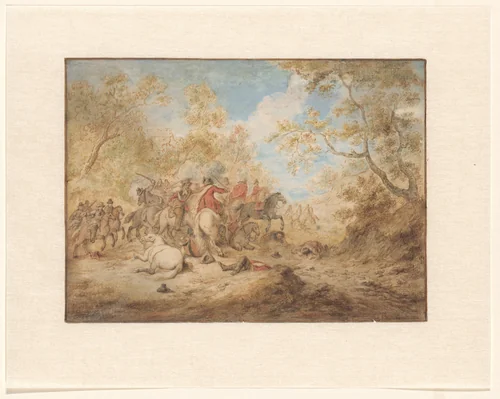Landschap met vechtende ruiters by Gerardus Josephus Xavery, drawing, 1743