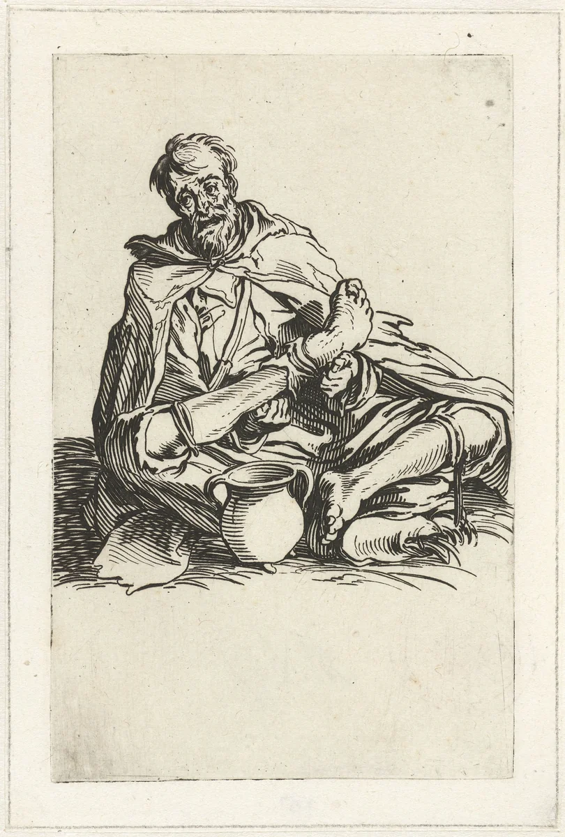 Zittende bedelaar met een kruik by Jacques Callot, print, 1622-1623