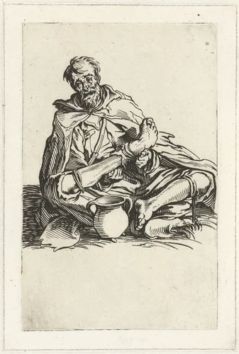 Zittende bedelaar met een kruik by Jacques Callot, print, 1622-1623