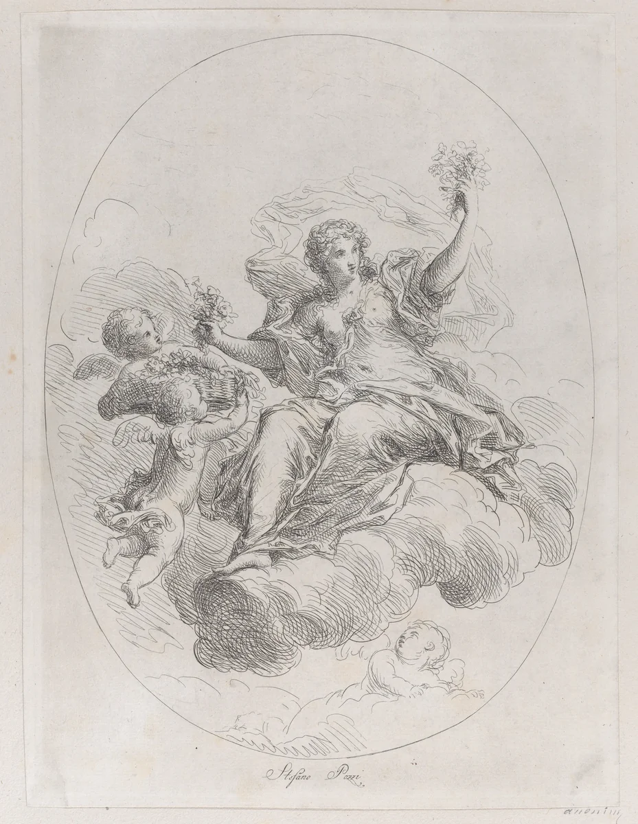 Allegorical figure on a cloud with putti, after Stefano Pozzi by Giuseppe Canale, print, 1740-1802