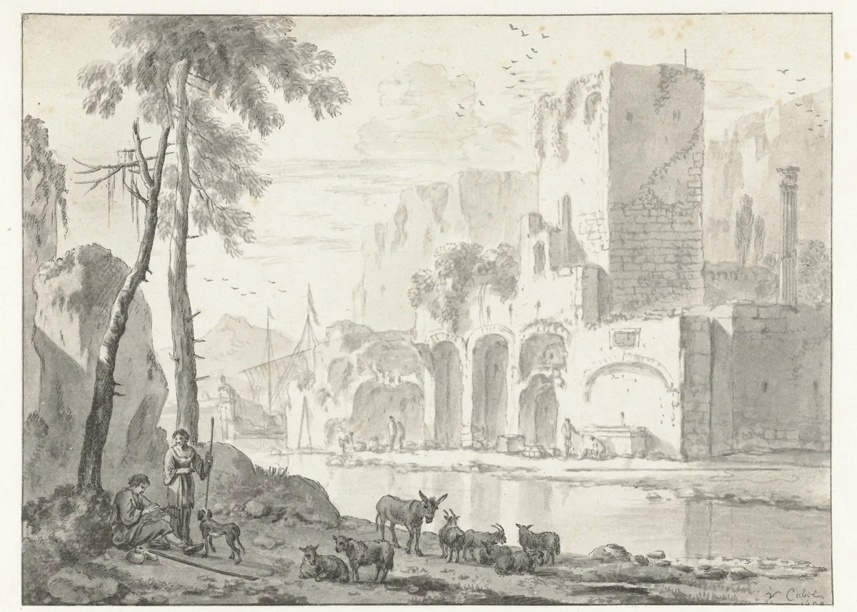 View of Ruins at the Bank of a River by Adriaen van der Kabel, drawing, 1658