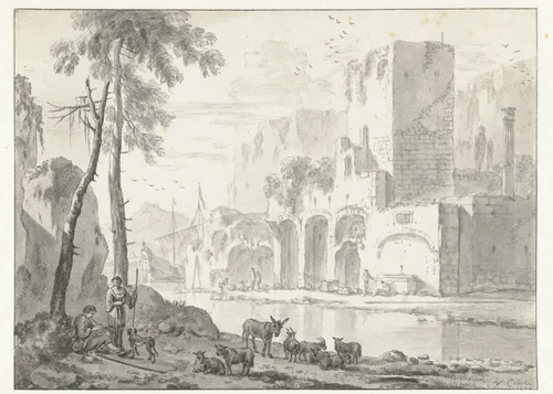 View of Ruins at the Bank of a River by Adriaen van der Kabel, drawing, 1658